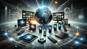 mage depicting a global IPTV streaming service with various devices, including Smart TVs, laptops, tablets, and smartphones, displaying different streaming content. The background features a subtle world map and digital network lines, representing global connectivity and seamless entertainment.