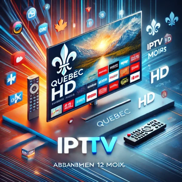 Image promotionnelle pour l'abonnement IPTV Quebec HD 12 mois, avec un écran de télévision haute définition affichant du contenu en streaming et une icône de calendrier indiquant une durée de 12 mois.