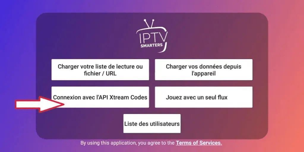 The IPTV Smarters app interface displaying options to load playlists, connect via Xtream Codes API, or play with a single stream.