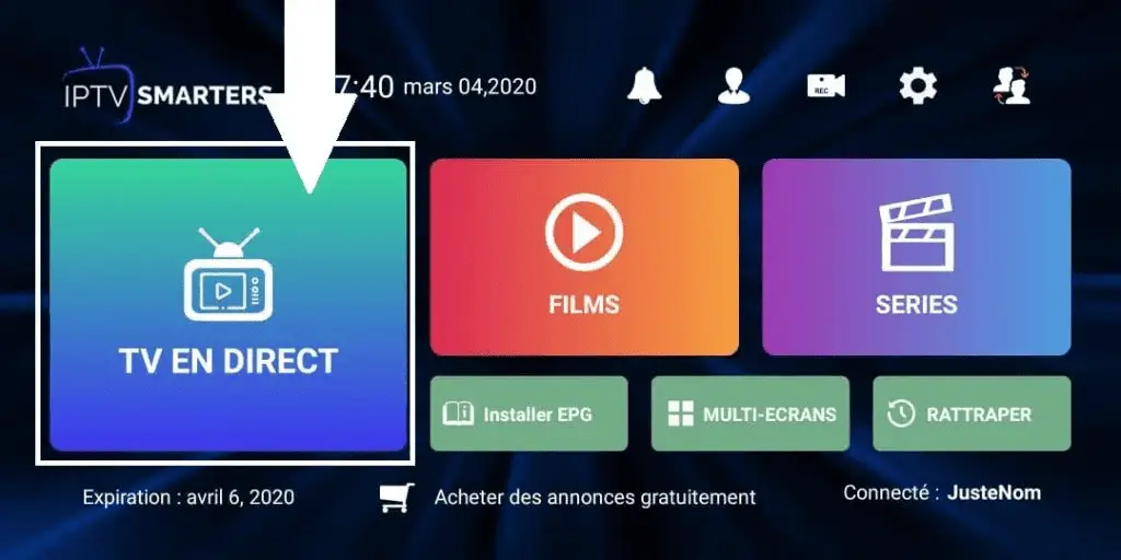 The IPTV Smarters app home screen with the "TV EN DIRECT" (Live TV) option highlighted for accessing live television channels.