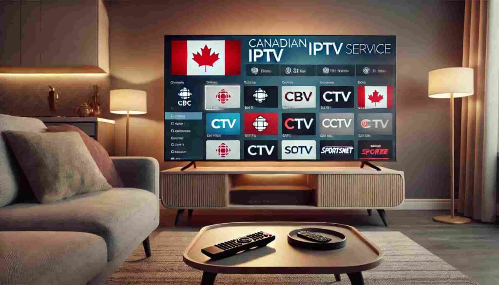 A modern living room with a large smart TV displaying a Canadian IPTV service interface, featuring channels like CBC, CTV, and Sportsnet.